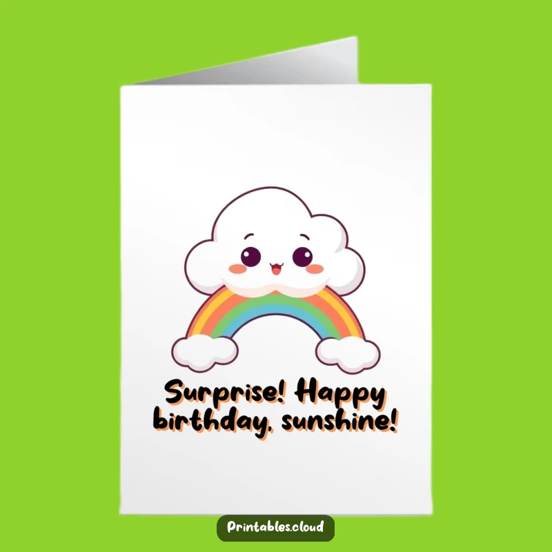 Free Printable Birthday Card: Surprised Cloud Rainbow Peek, Downloadable Whimsy