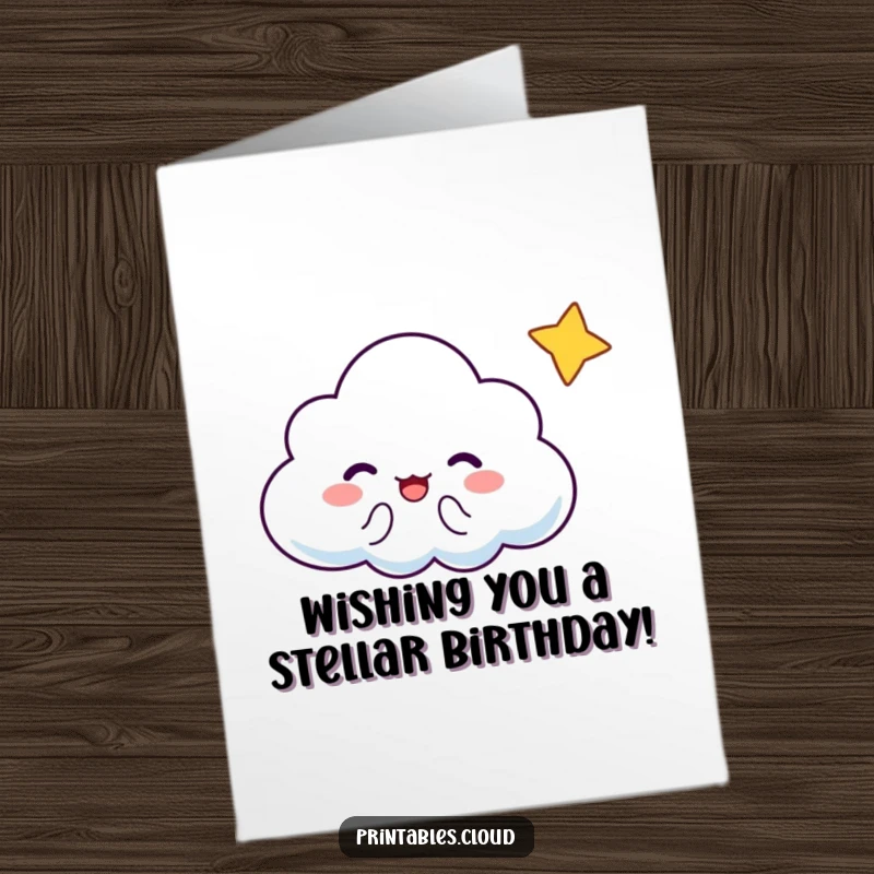 Funny Free Printable Cloud Birthday Card: A cloud cheers as a tiny star winks, celebrating a special birthday.