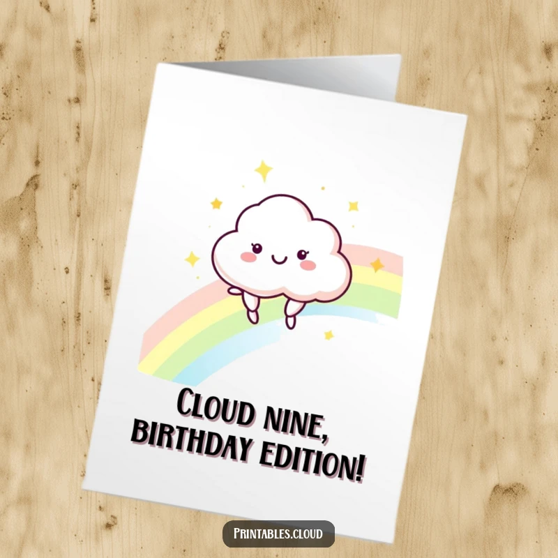 Funny Free Printable Cloud Birthday Card: A happy cloud character bounces gleefully on a vibrant, shimmering rainbow.