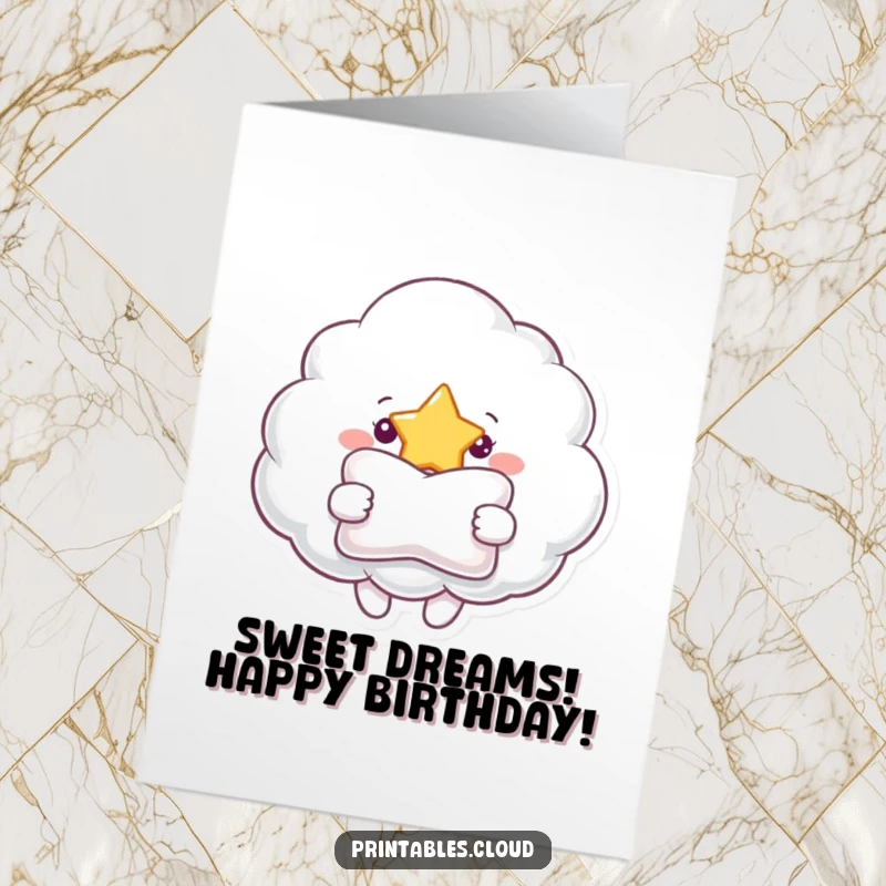 Funny Free Printable Birthday Card: A cheerful cloud offering a soft pillow to a twinkling star.