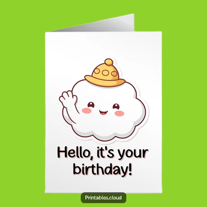 Free Printable Cloud Birthday Card: Tiny Hat Wave Fun Downloadable Greeting