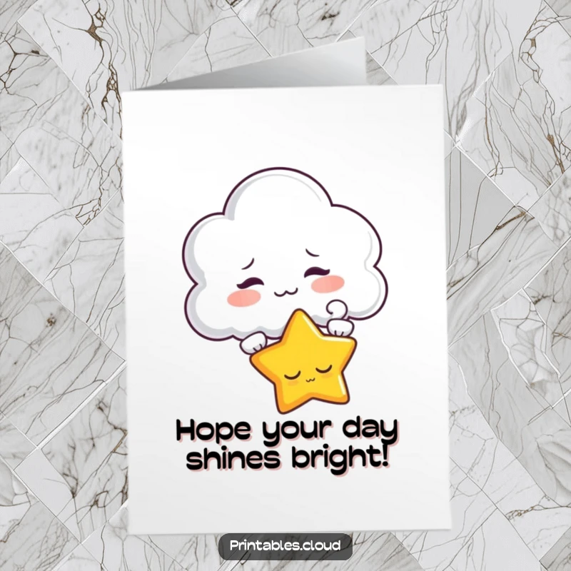 Funny free printable birthday card showing a cheeky cloud puffing air at a sleepy, wide-eyed star character.