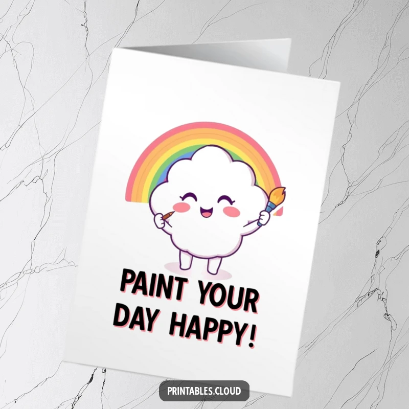 Funny Free Printable Birthday Card: Smiling cloud character joyfully paints a vibrant rainbow, spreading birthday cheer.