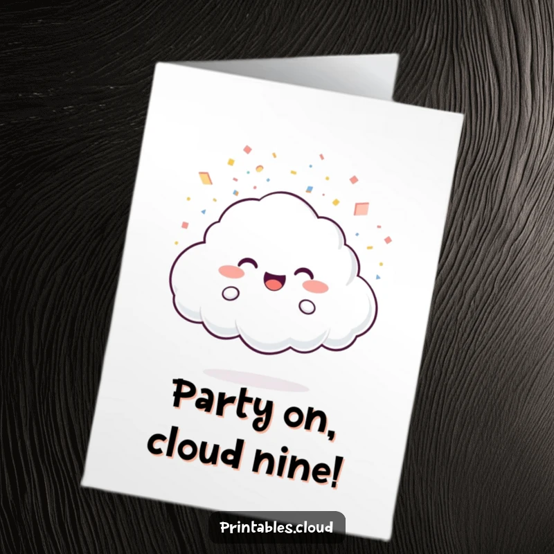 Funny Free Printable Birthday Card: Joyful cloud character showers confetti made of light particles. A celebratory and fun design.