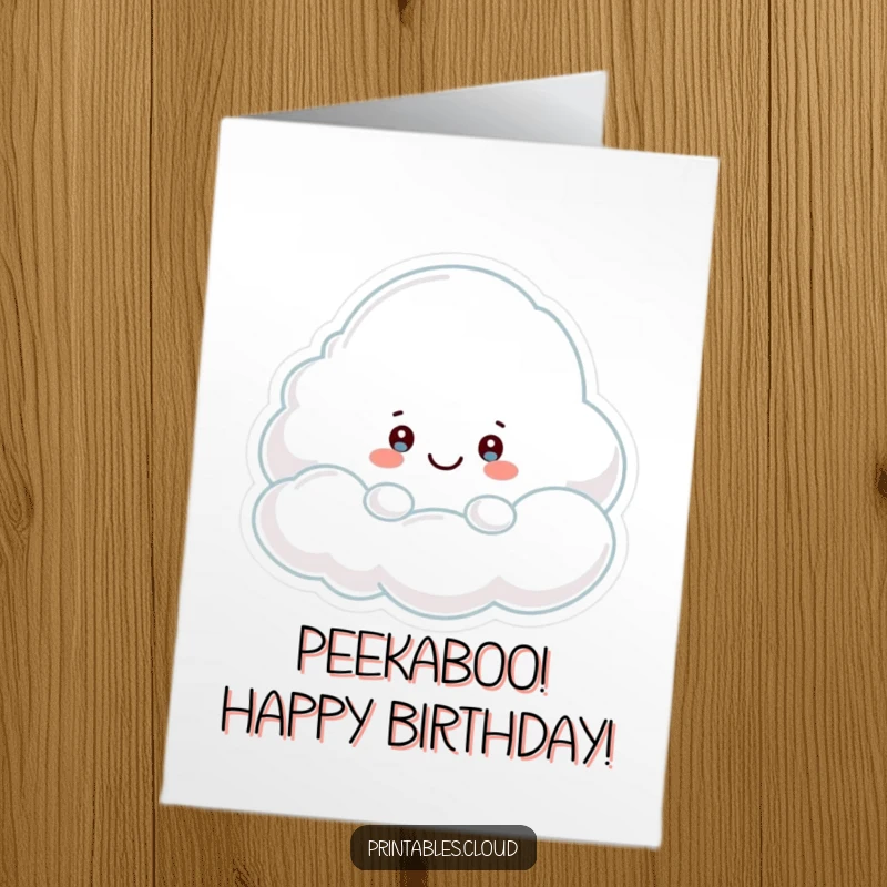 Funny Free Printable Birthday Card: Small cloud character peeking playfully from behind a larger, smiling cloud.