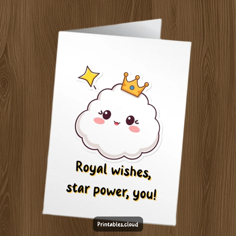 Funny Free Printable Birthday Card: Cloud wearing tiny crown, eyes wide, shocked by a shooting star, perfect for laughs.