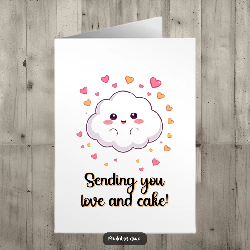 Funny Free Printable Birthday Card: Fluffy cloud character playfully raining colorful tiny hearts. Sweet and loving birthday design.