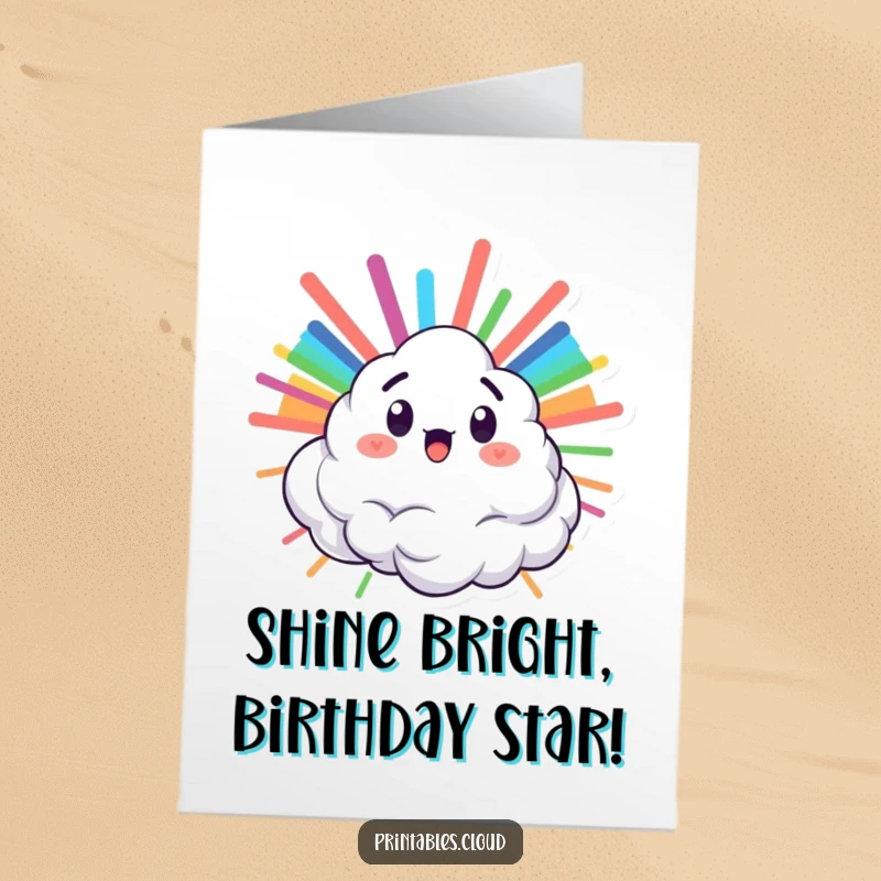 Funny Free Printable Birthday Card: Surprised cloud character erupting in a vibrant rainbow, a cheerful downloadable gift.