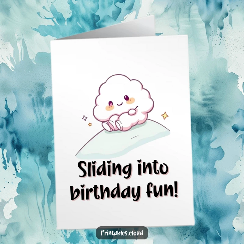 Funny Free Printable Birthday Card: Cloud character happily sliding down a soft, misty slope.