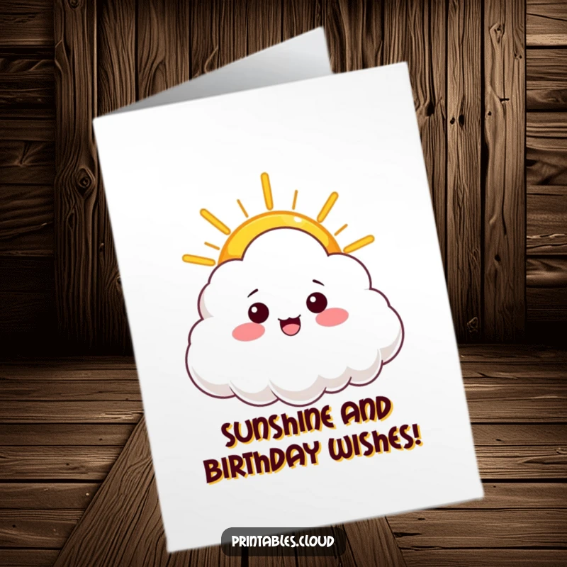Funny Free Printable Birthday Card featuring a cloud character kindly offering a warm, radiant ray of sunshine.