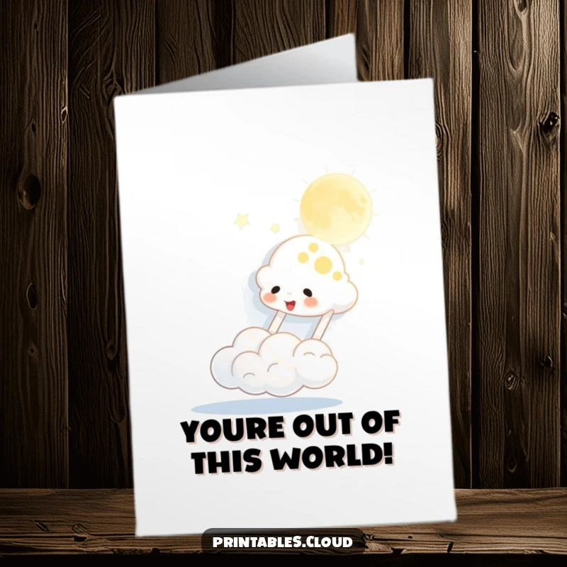 Funny free printable birthday card depicting a joyful cloud character gleefully bouncing a glowing moon like a playful ball.