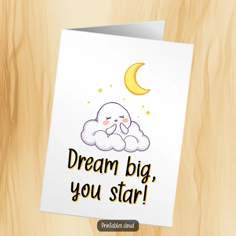 Funny Free Printable Congratulations Card showing a cloud character gently singing a soft lullaby to a peaceful crescent moon.