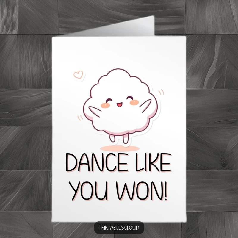 Funny Free Printable Congratulations Card showing a cloud character busting out a silly dance move amid a soft breeze.