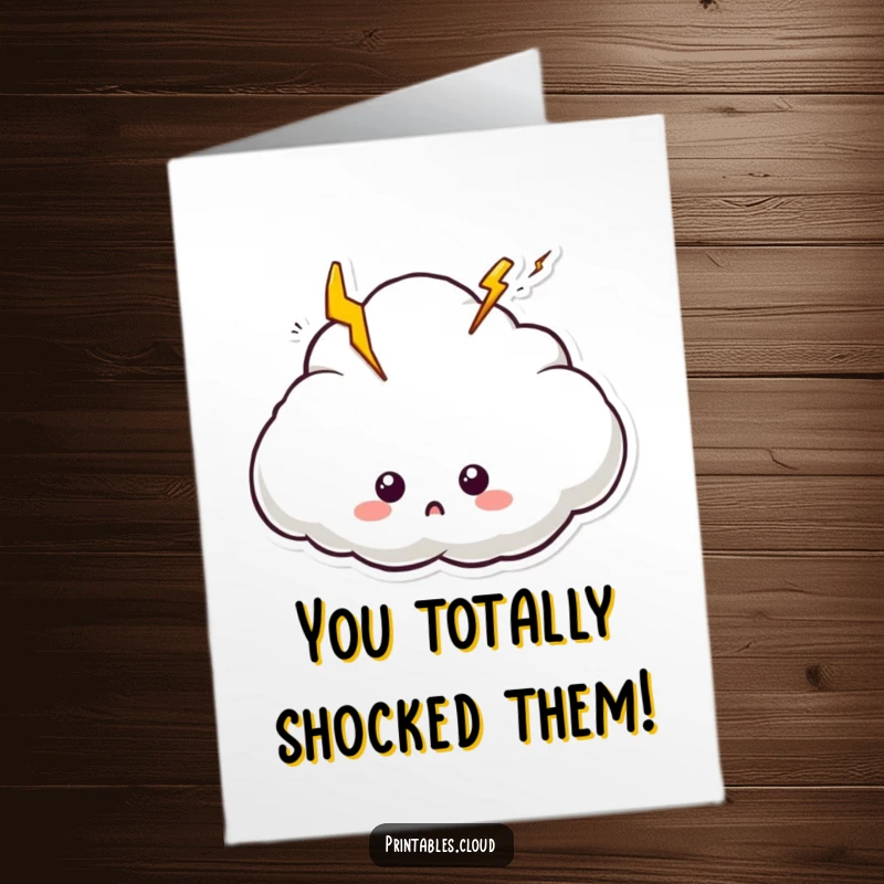 Funny Free Printable Congratulations Card: A cloud character looking surprised as lightning bolts erupt from its form, celebrating achievement.