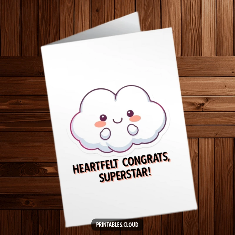 Funny Free Printable Congratulations Card with a beaming heart-shaped cloud character floating blissfully.