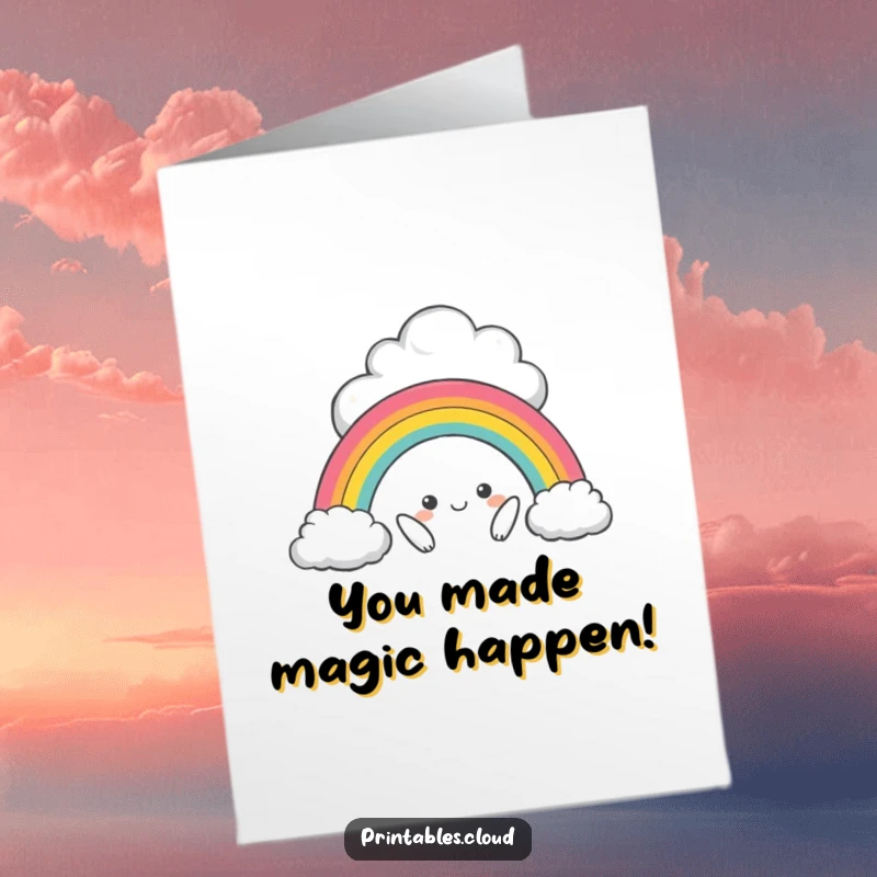 Funny Free Printable Congratulations Card: A mischievous cloud artistically crafts a miniature rainbow, perfect for celebrating achievements.