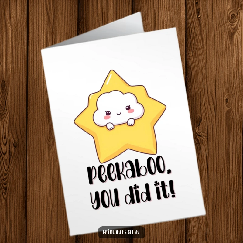 Funny Free Printable Congratulations Card: Shy Cloud peeking cautiously from behind a star, offering congratulations with a bashful grin.