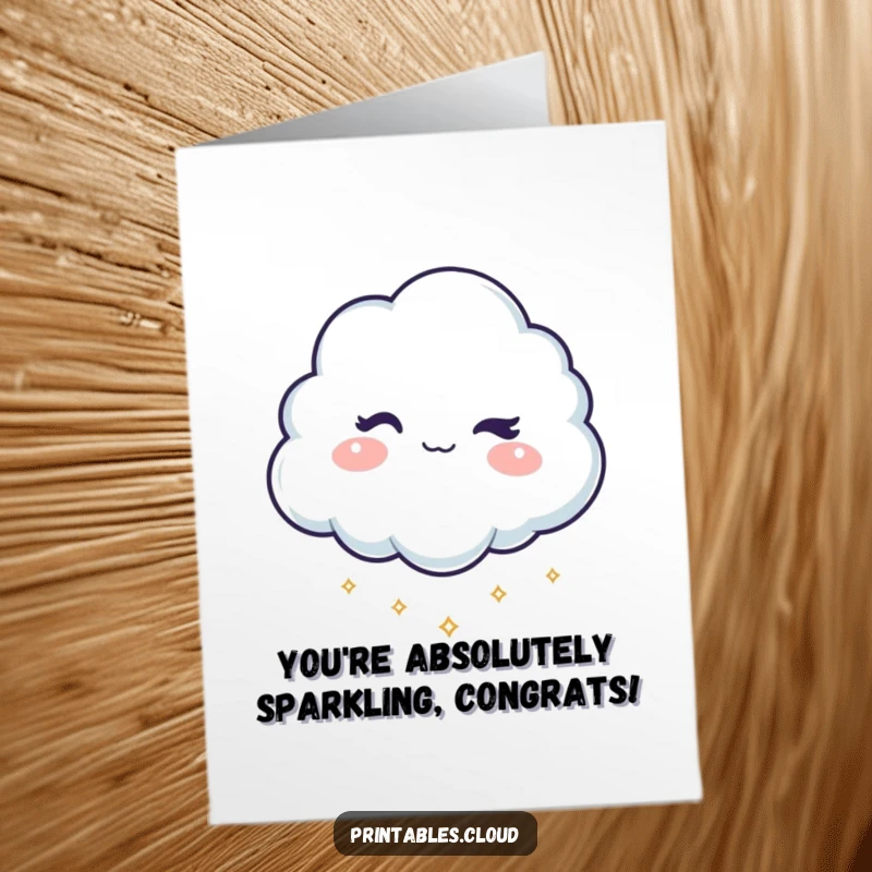 Funny Free Printable Congratulations Card: A cloud winks and drops sparkles, celebrating a great success.