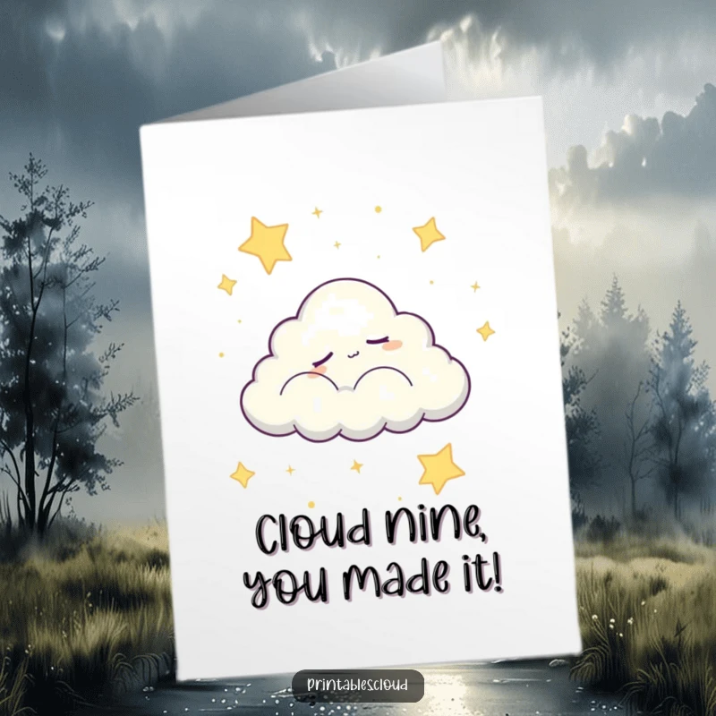 Sweet Free Printable Congrats Card: Sleepy cloud character floating in a starry sky, peaceful congratulations