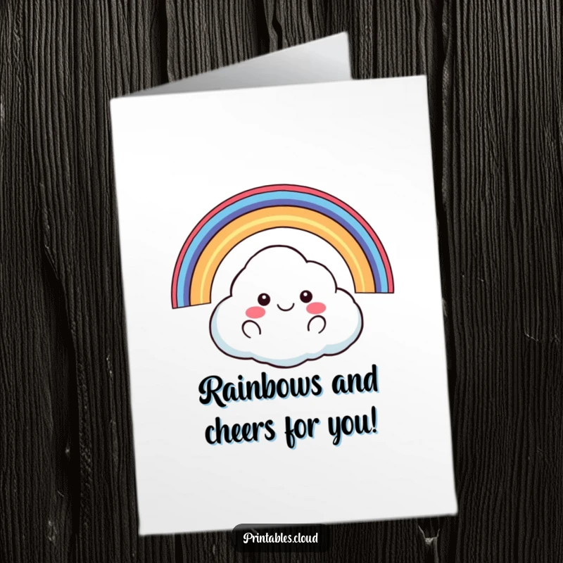 Funny Free Printable Congratulations Card: a happy cloud floats with a rainbow arching, symbolizing brilliant achievements. Great DIY gift.