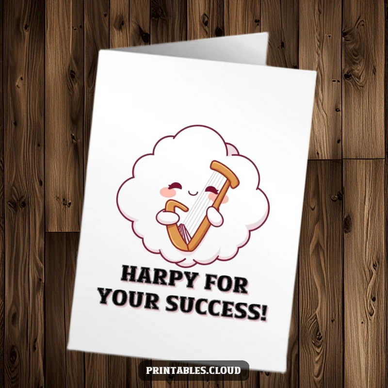Funny free printable congratulations card showing a joyful cloud floating serenely while playing a magical harp.