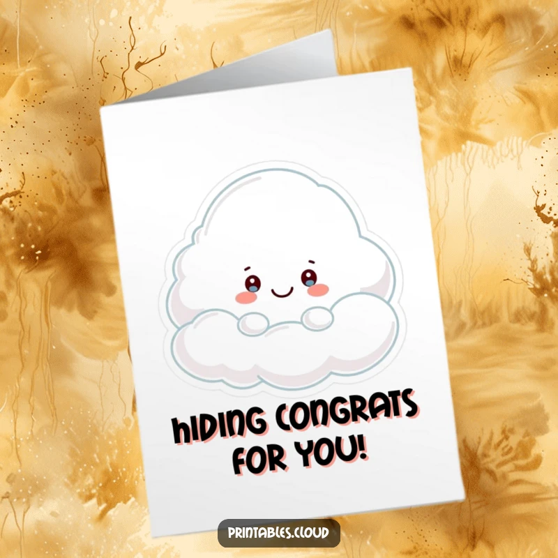 Funny Free Printable Congratulations Card: A curious cloud peeking from behind a larger, friendly cloud.