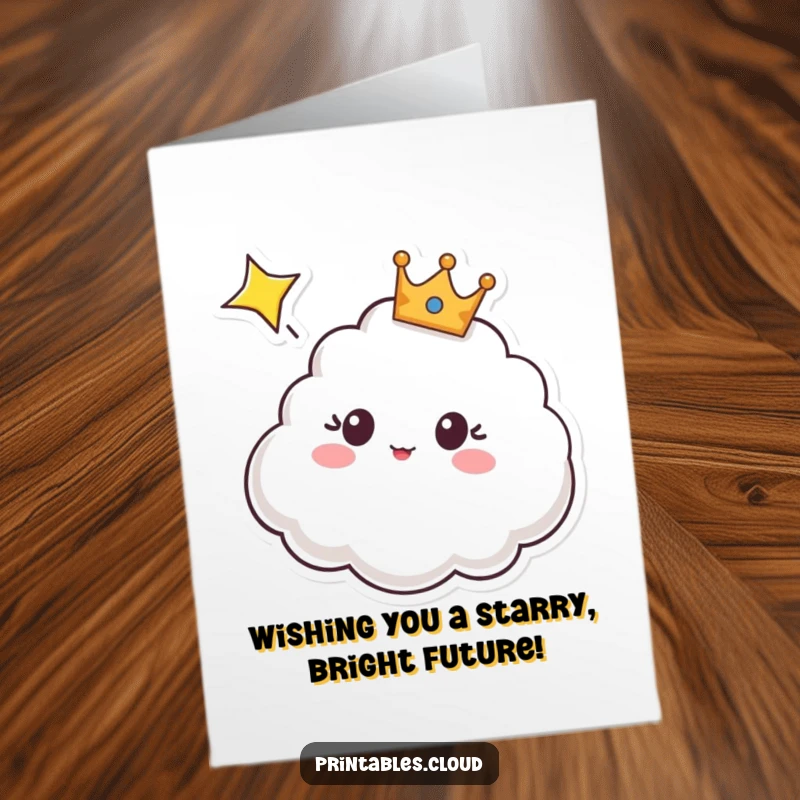 Funny Free Printable Congratulations Card: Crowned cloud surprised by a shooting star, perfect for unexpected good news.