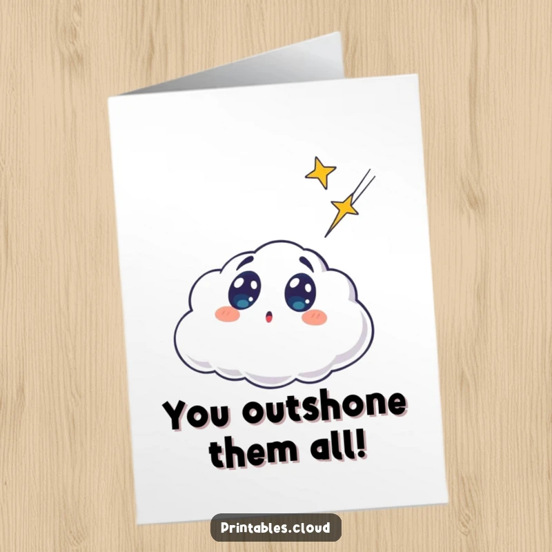 Funny Free Printable Congratulations Card: Surprised cloud staring at a shooting star, wow expression, downloadable celebration.