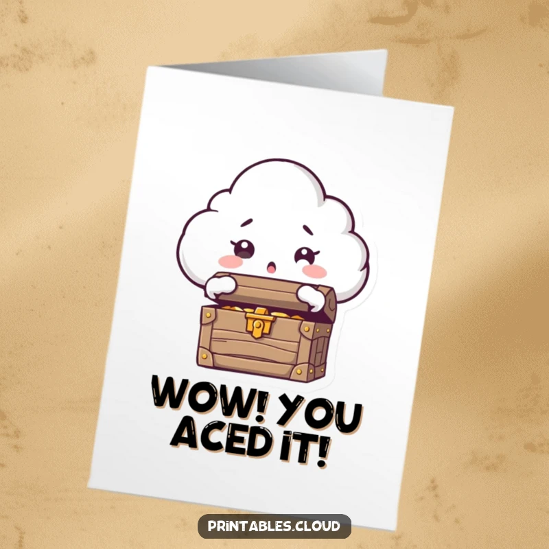 Funny Free Printable Congratulations Card: A surprised cloud character gasps while opening a treasure chest full of riches.