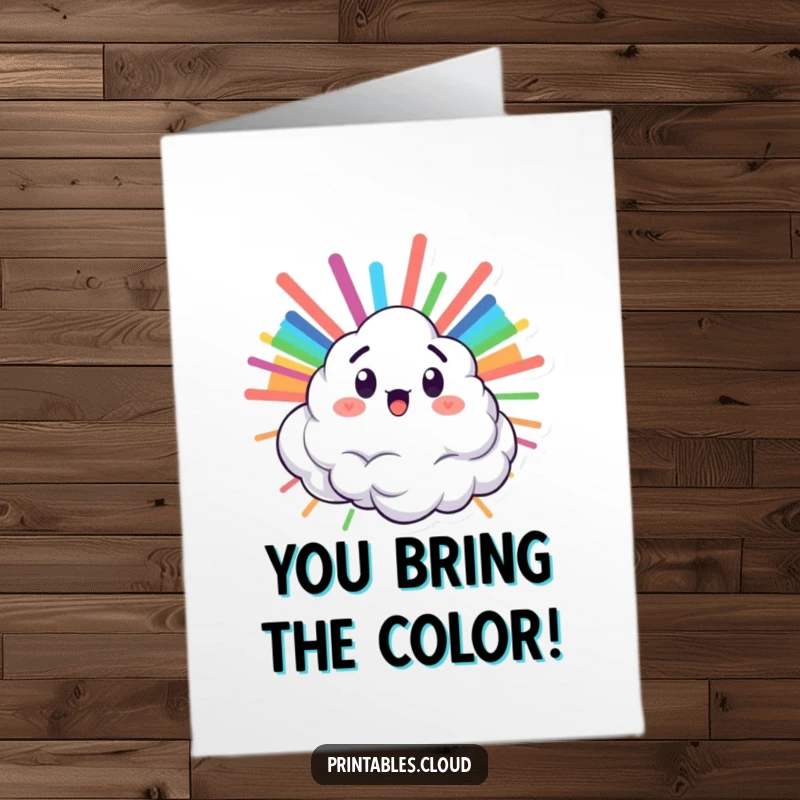 Funny Free Printable Congratulations Card: Surprised cloud character releasing a dazzling rainbow, a joyful downloadable gift.