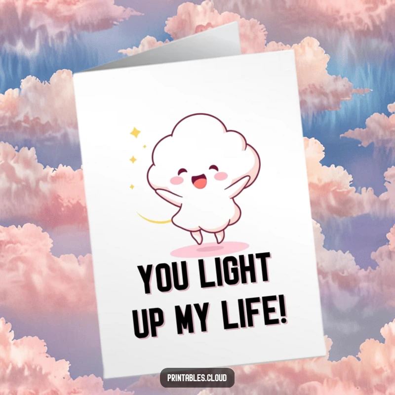Funny Free Printable Congratulations Card: Delighted cloud character dances, trailing a swirl of light. Captures the excitement of achievement.