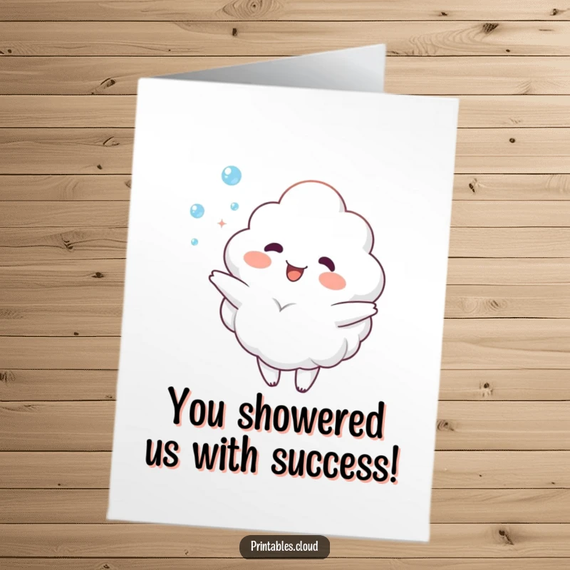 Funny Free Printable Congratulations Card showing a happy cloud character joyfully juggling shimmering dewdrops, symbolizing good luck and success.