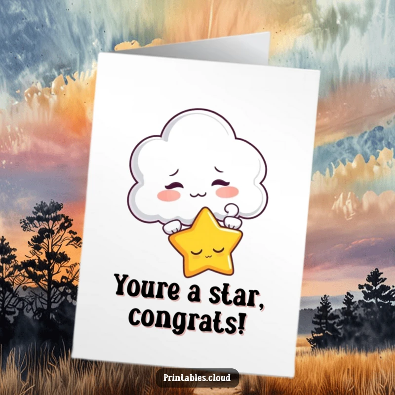 Funny free printable congratulations card depicting a playful cloud nudging a drowsy star with a gentle puff of air.