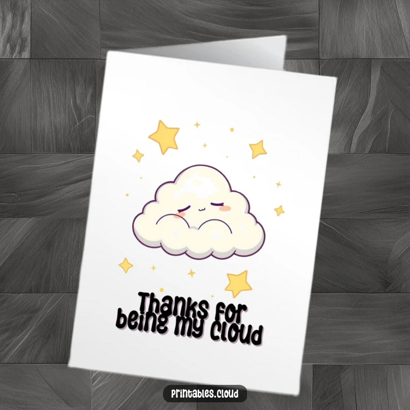 Sweet Free Printable Thank You Card: Sleepy cloud character drifting in starry sky, peaceful gratitude