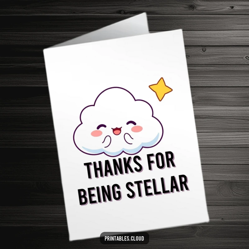 Funny Free Printable Cloud Thank You Card: A cloud cheers as a tiny star gives a knowing wink, conveying thanks.
