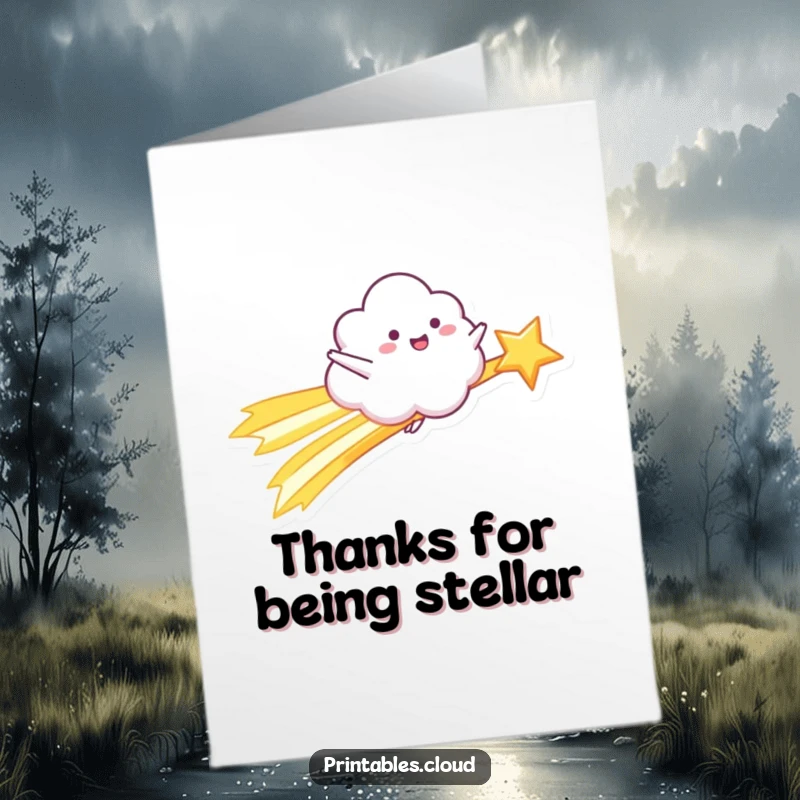 Funny Free Printable Thank You Card: A joyful cloud rides a bright shooting star, arms outstretched.
