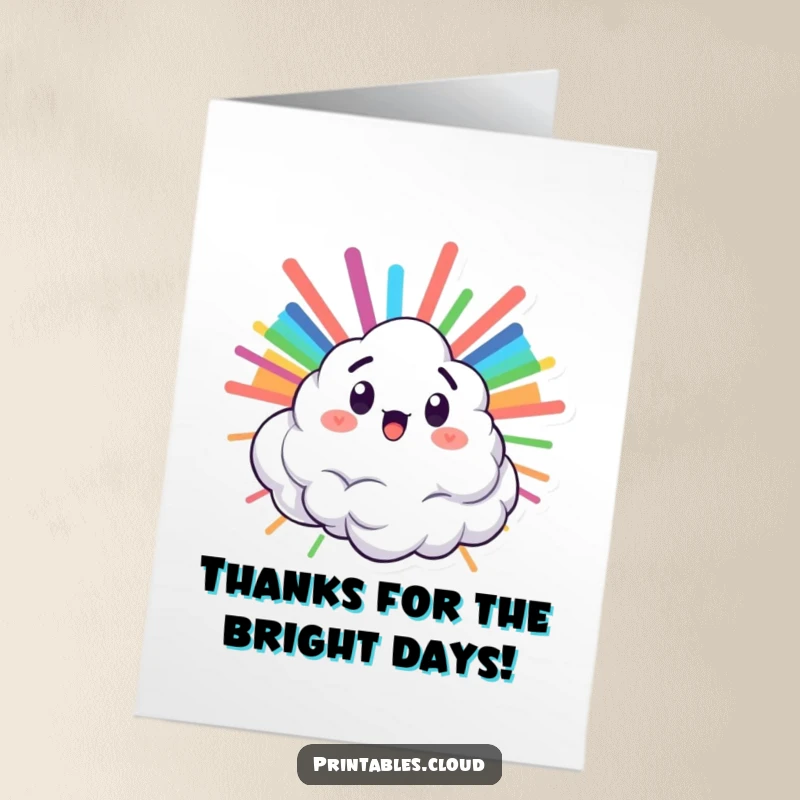 Funny Free Printable Thank You Card: Surprised cloud character raining a beautiful rainbow, a vibrant downloadable gift.