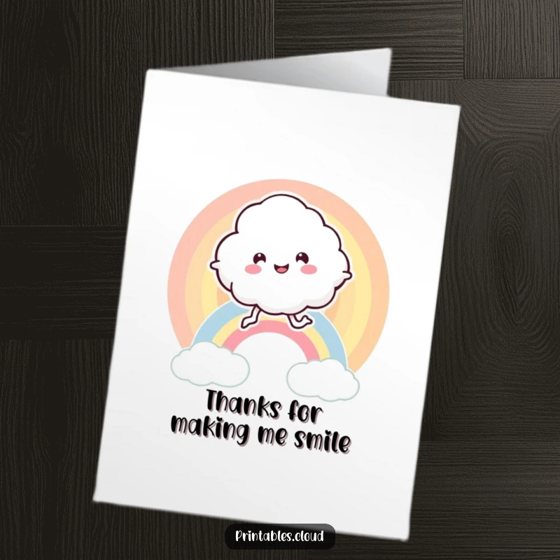 Funny Free Printable Thank You Card: A cloud with legs bounces happily on a rainbow, conveying heartfelt thanks.