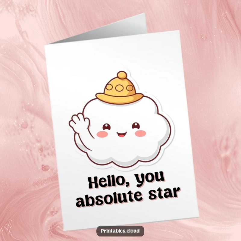 Funny Free Printable Thank You Card: A friendly cloud wearing a small hat waves hello, showing thanks.