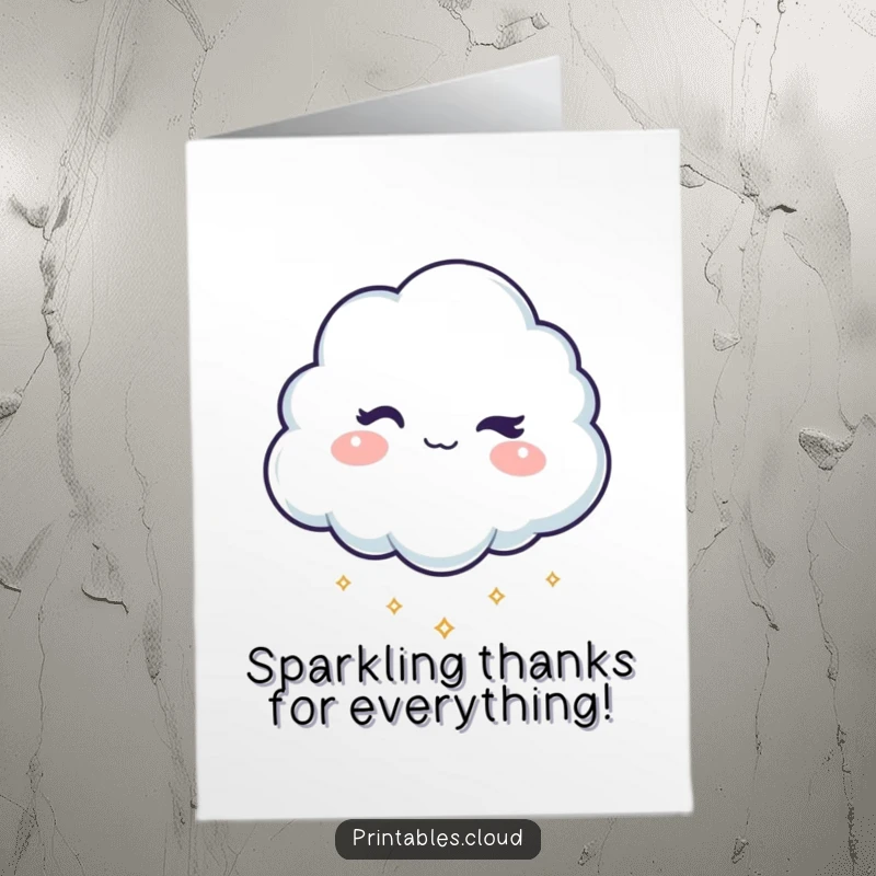 Funny Free Printable Thank You Card: Cloud winks and scatters sparkles, expressing heartfelt thanks.