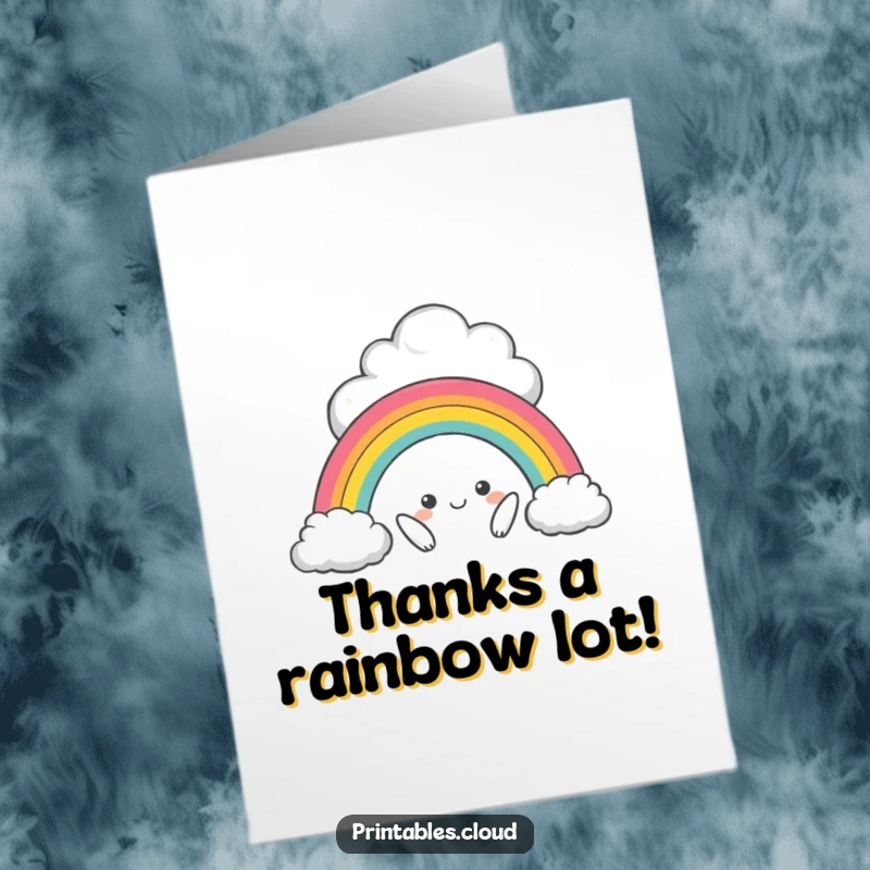 Funny Free Printable Thank You Card: A playful cloud character proudly displays a small, vibrant rainbow, a unique way to say thanks.