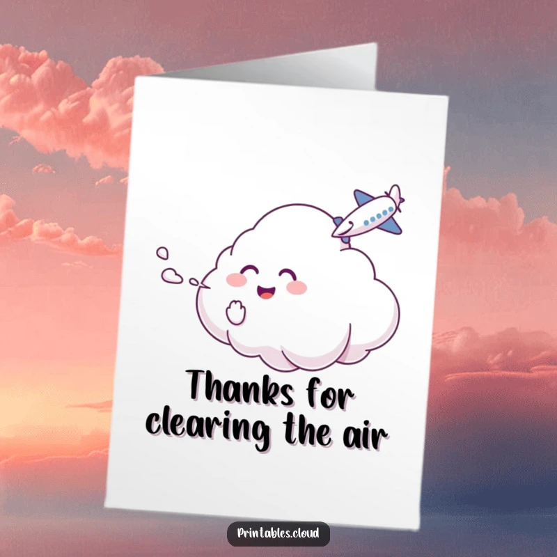 Funny Free Printable Thank You Card: A cloud playfully squirts mist at a small airplane.