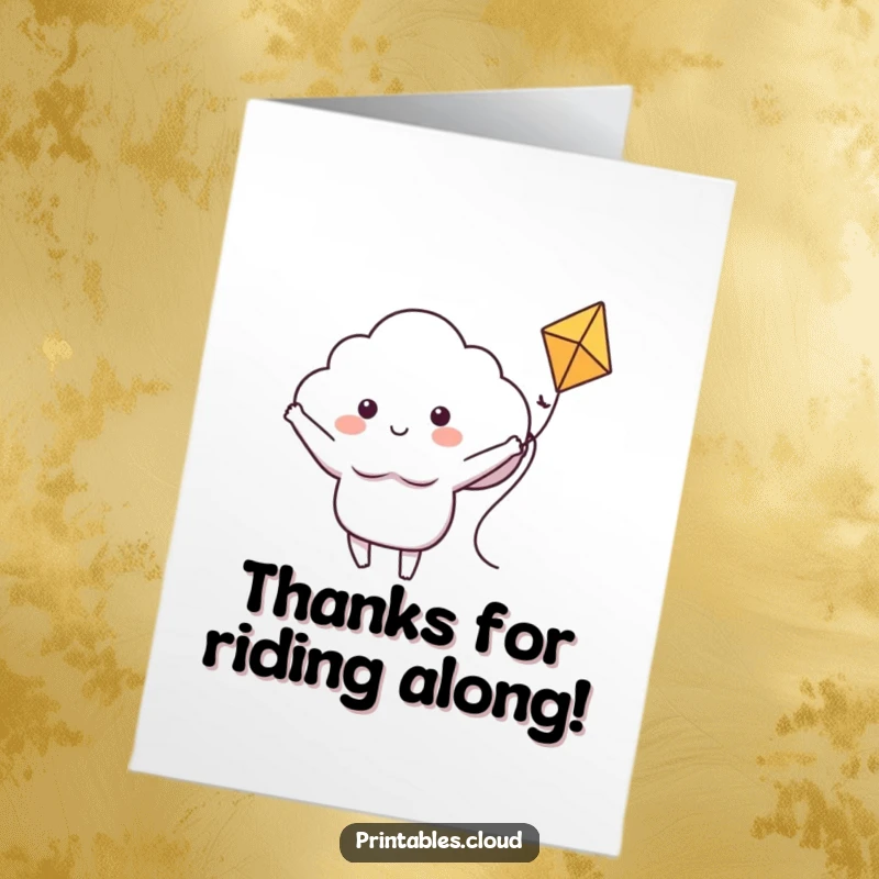 Funny Free Printable Thank You Card: A cloud character happily riding a kite, arms outstretched.