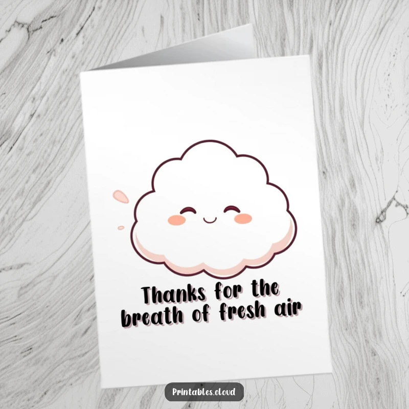 Funny Free Printable Thank You Card: A giggling cloud character blows a gentle breeze, conveying a happy thank you.