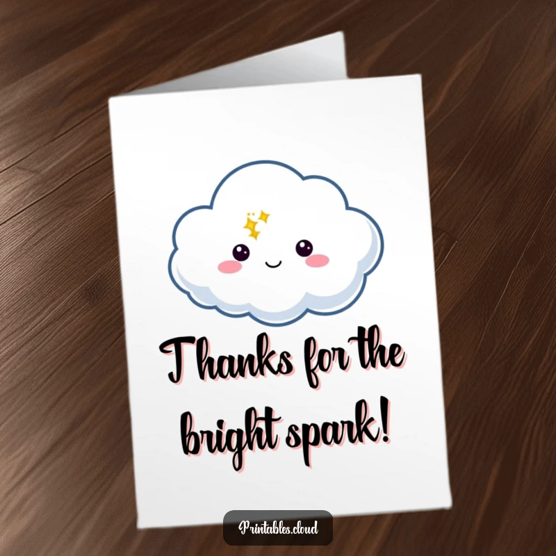 Funny Free Printable Thank You Card: A cloud character with a speech bubble containing a soft twinkle, offering thanks.