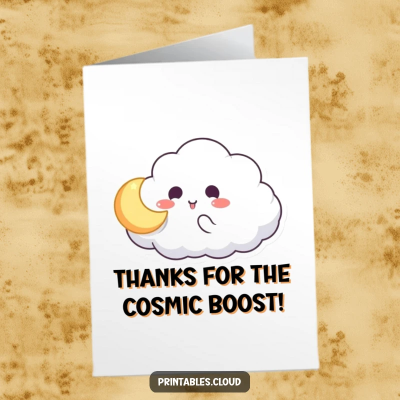Funny Free Printable Thank You Card: Cloud character plays catch with a glowing moon, a delightful way to say thanks.