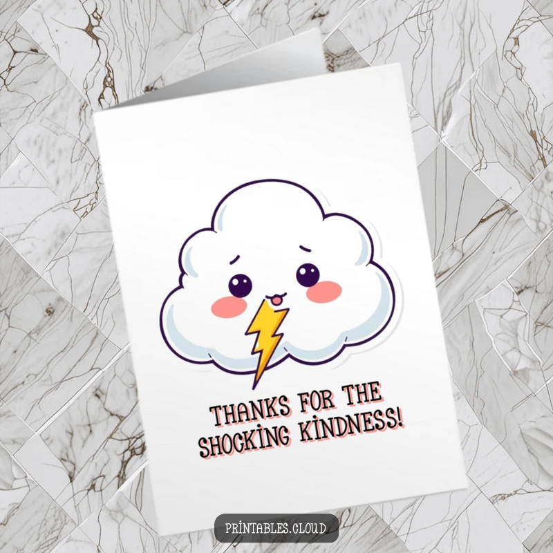 Funny Free Printable Thank You Card: Surprised cloud character with a happy, giggling lightning bolt nearby.