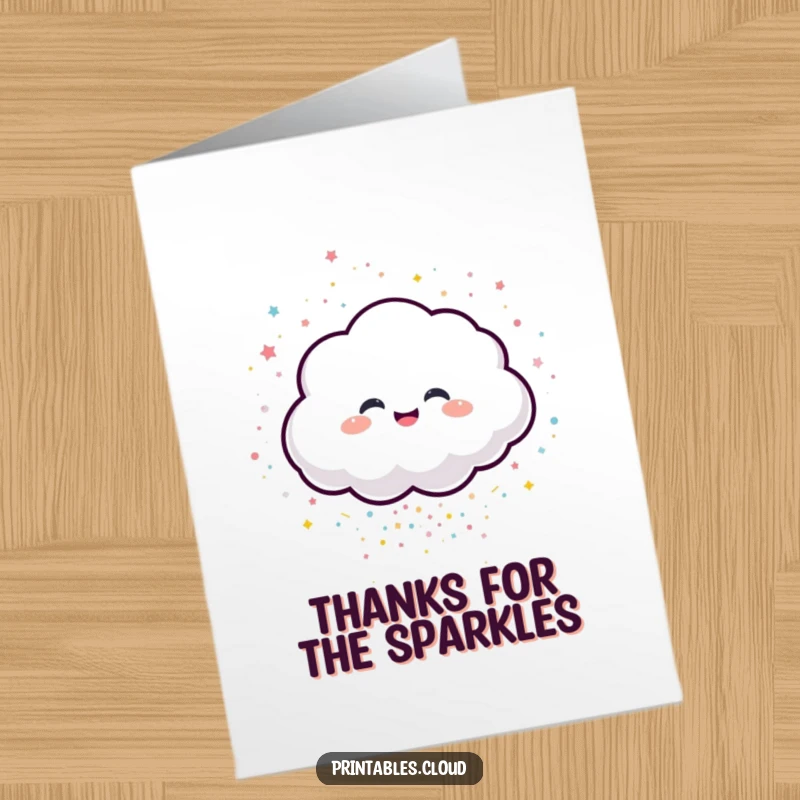 Funny Free Printable Thank You Card: A giggling cloud spills colorful, sparkling confetti, symbolizing thanks.