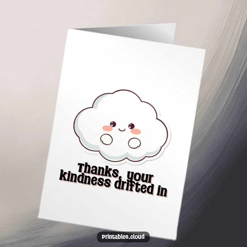 Funny Free Printable Thank You Card: A happy, lazy cloud character drifting serenely, expressing thanks.