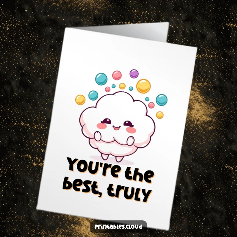 Funny Free Printable Thank You Card: A delighted cloud character skillfully juggles colorful raindrops, a unique way to convey thanks.